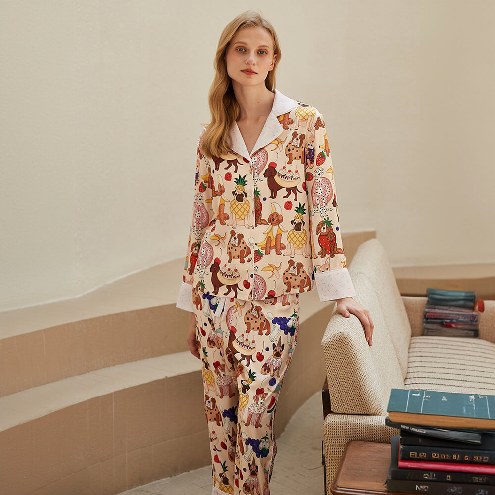 Ensemble Pyjama Satin Imprimé Animaux Résistant aux Poils