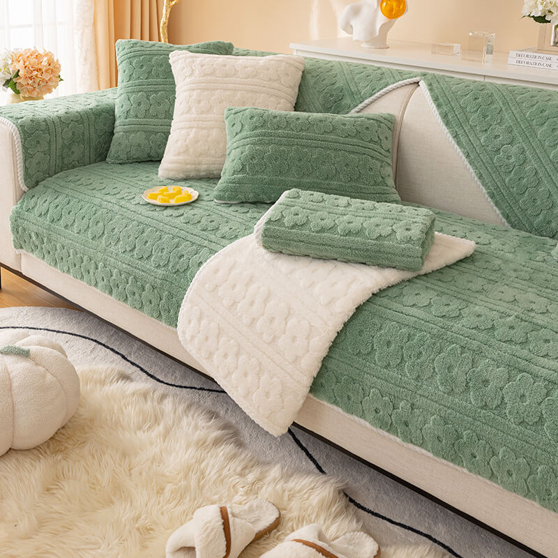 Housse de Canapé Lavable en Fausse Laine Coton à Motif Floral 3D