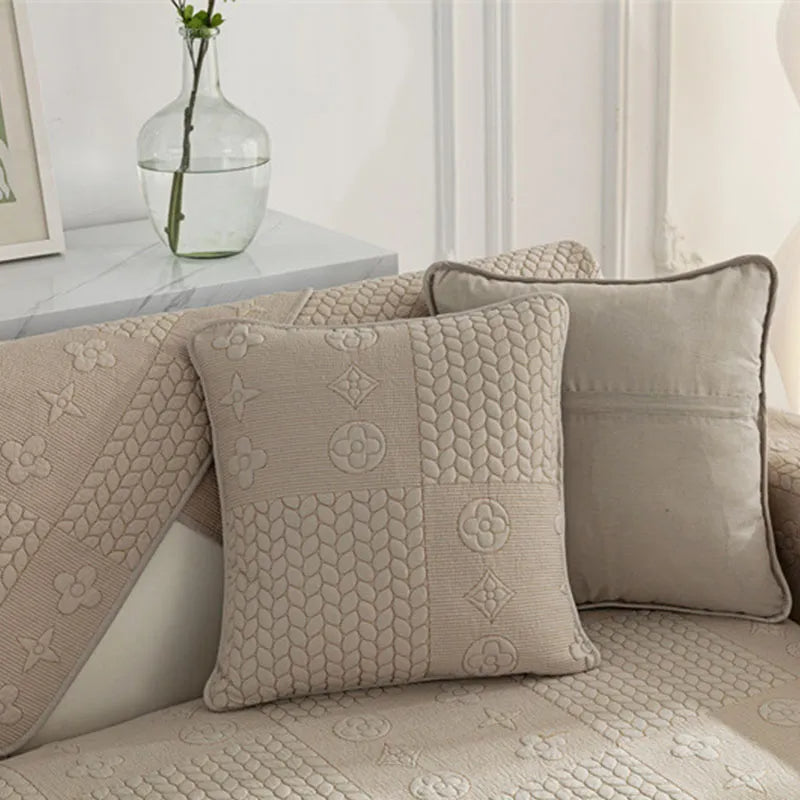 Housse de Canapé en Coton Lavable Antidérapante Anti-Griffures avec Broderie 3D