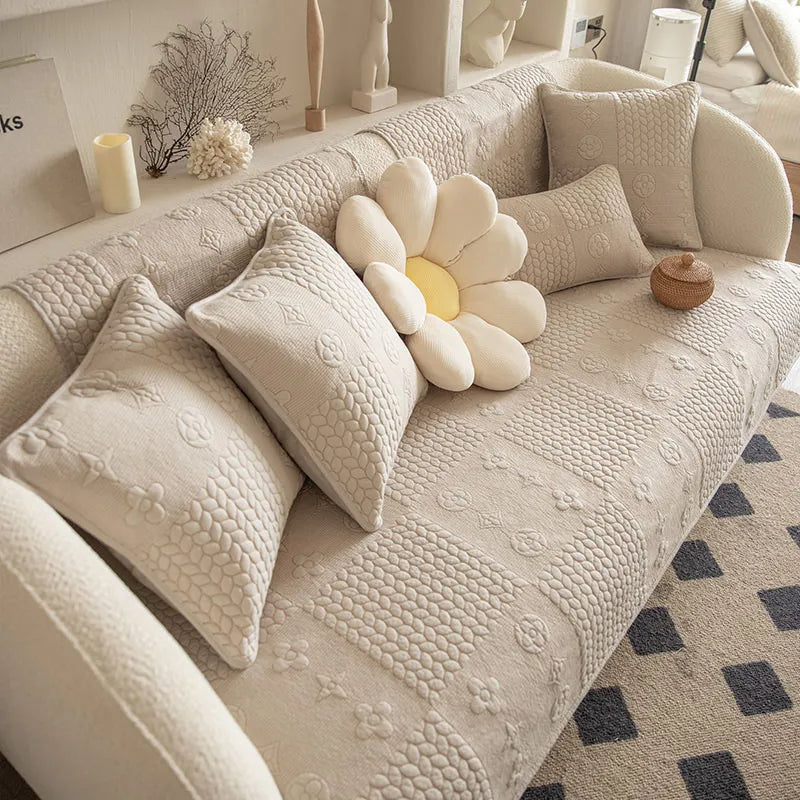 Housse de Canapé en Coton Lavable Antidérapante Anti-Griffures avec Broderie 3D