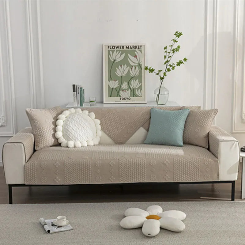 Housse de Canapé en Coton Lavable Antidérapante Anti-Griffures avec Broderie 3D