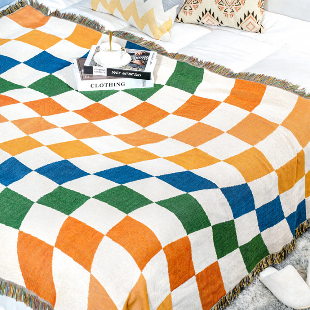 Housse de canapé multifonctionnelle à blocs de couleur et à carreaux anti-rayures