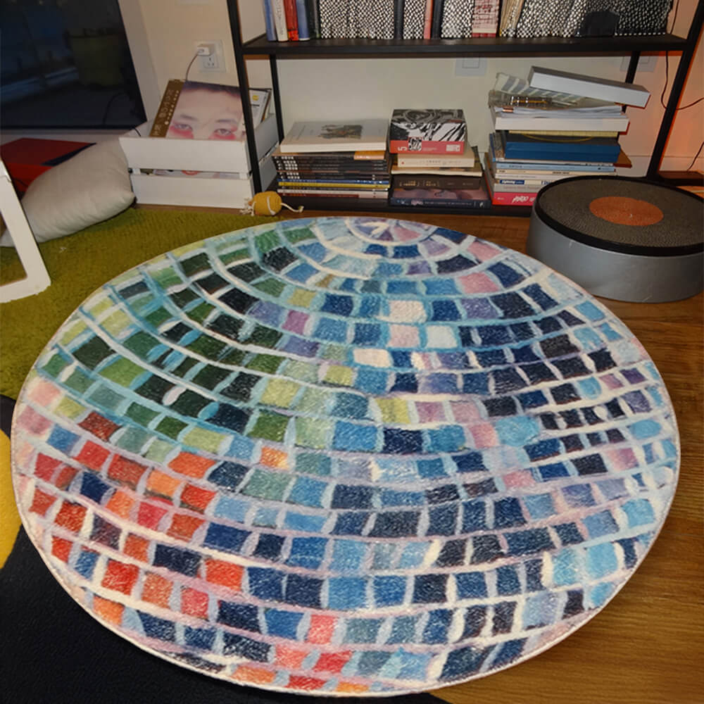 Tapis rond en faux cachemire à blocs de couleurs boule disco