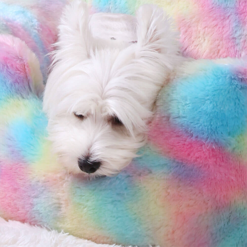 Lit pour Chien et Chat Lavable en Peluche Licorne Arc-en-Ciel Chauffant