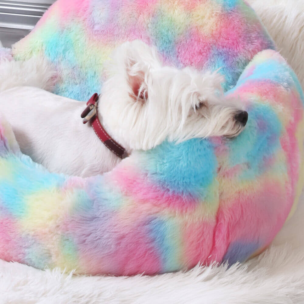 Lit pour Chien et Chat Lavable en Peluche Licorne Arc-en-Ciel Chauffant