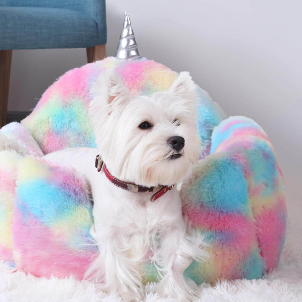 Lit pour Chien et Chat Lavable en Peluche Licorne Arc-en-Ciel Chauffant