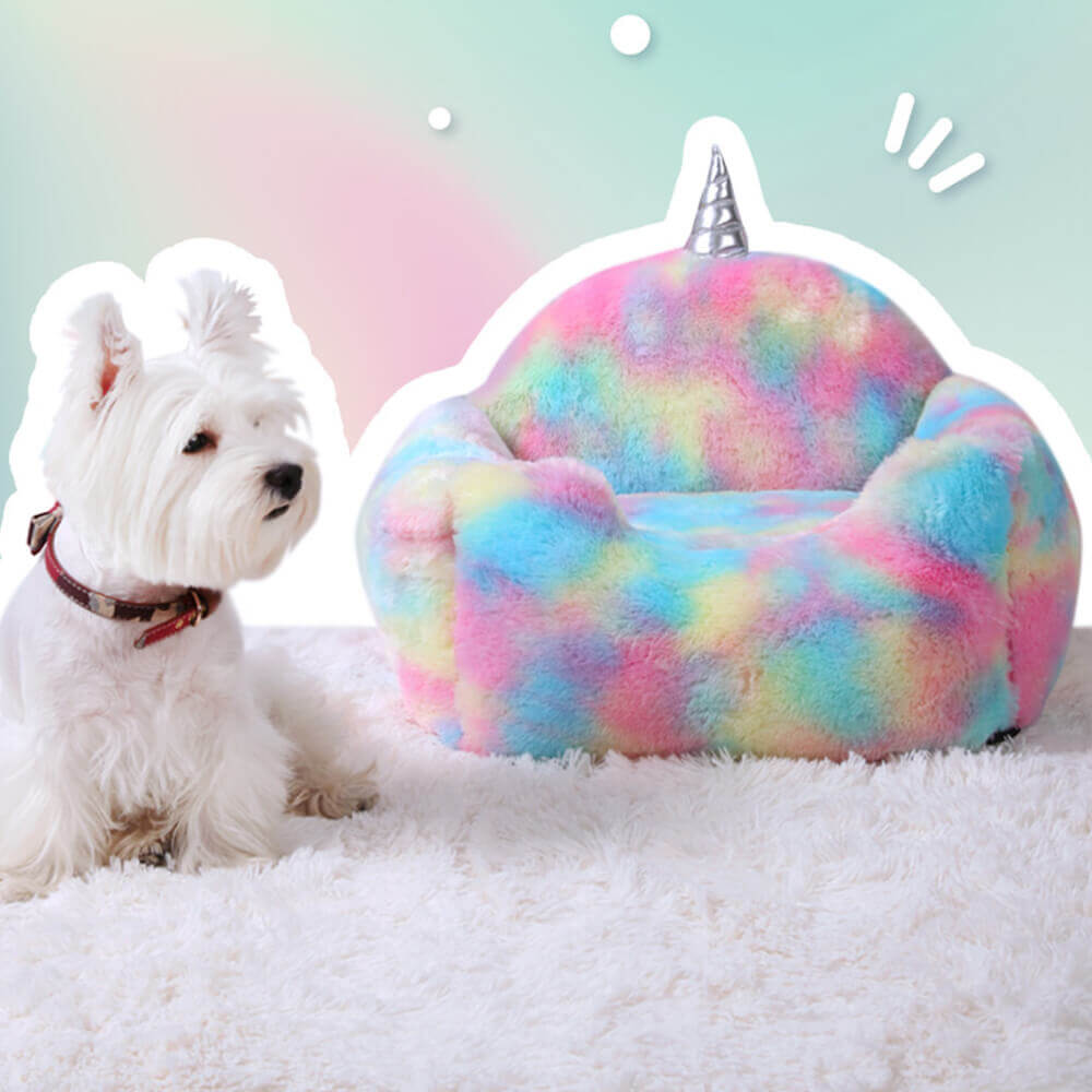 Lit pour Chien et Chat Lavable en Peluche Licorne Arc-en-Ciel Chauffant