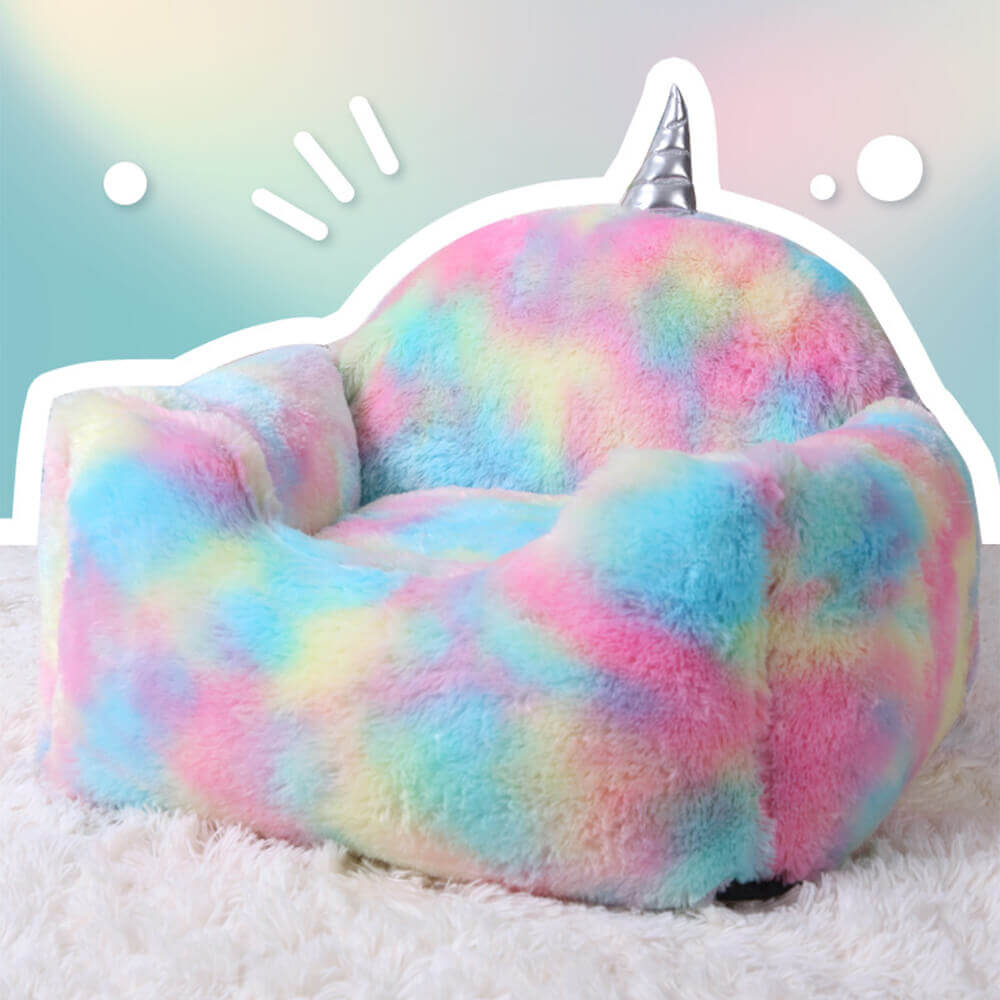 Lit pour Chien et Chat Lavable en Peluche Licorne Arc-en-Ciel Chauffant