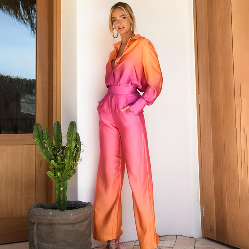 Ensemble Chemise Boutonnée et Pantalon Résistant aux Poils d'Animaux Dégradé