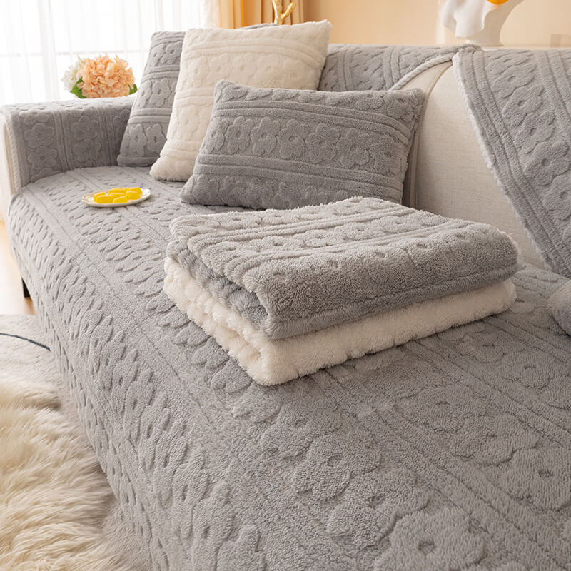 Housse de Canapé Lavable en Fausse Laine Coton à Motif Floral 3D