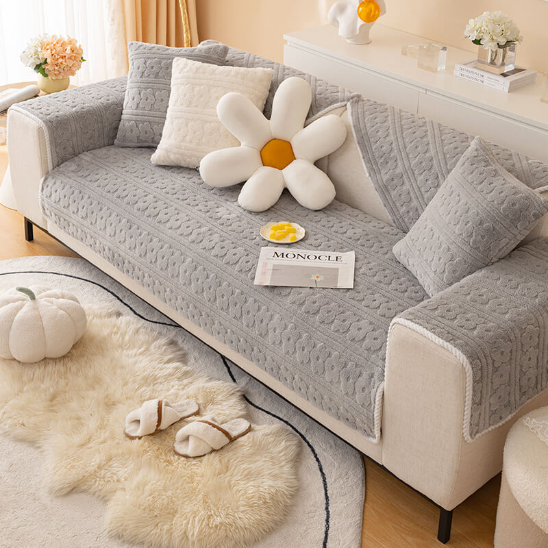 Housse de Canapé Lavable en Fausse Laine Coton à Motif Floral 3D