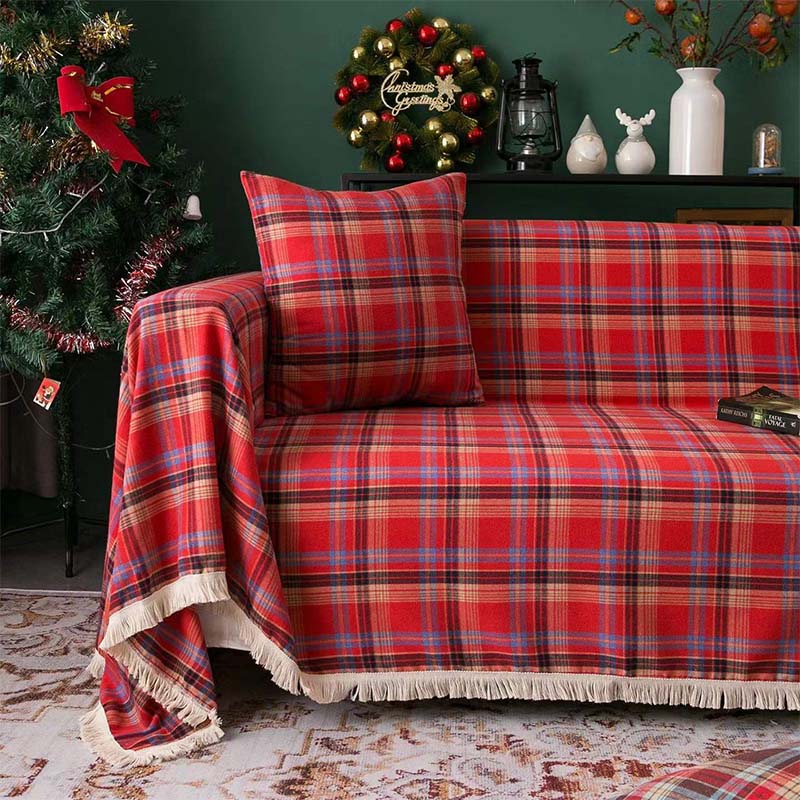 Couverture de canapé à carreaux style Noël vintage