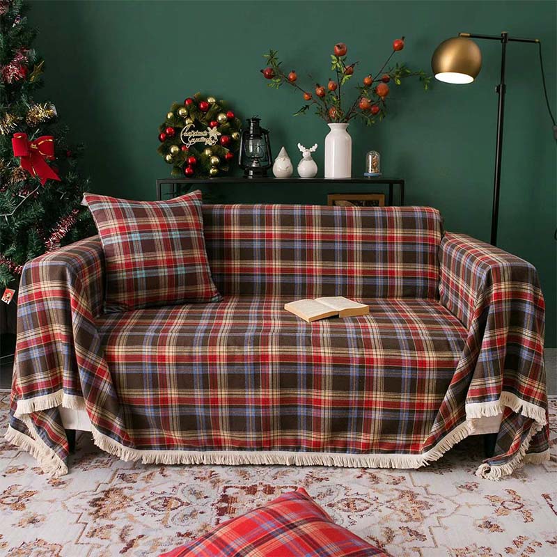 Couverture de canapé à carreaux style Noël vintage