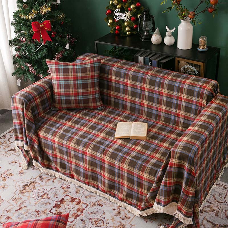Couverture de canapé à carreaux style Noël vintage