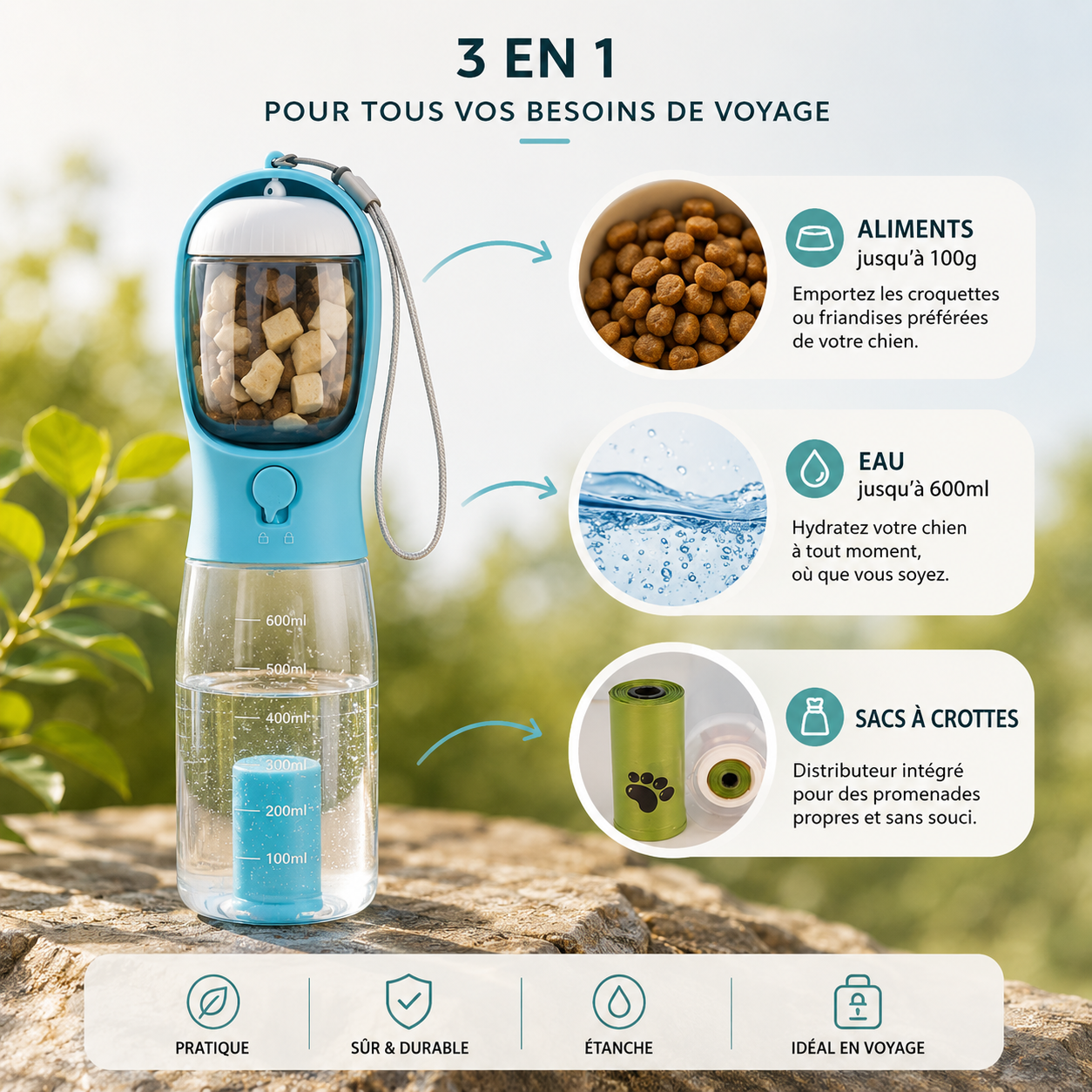 Rover – Gourde Portable 3-en-1 pour Chien